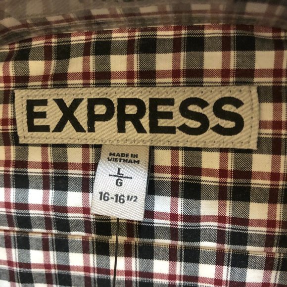 Express 1MX Men's Fitted Cotton Plaid Slim Dress Shirt Large Black Red NEW - Picture 4 of 6